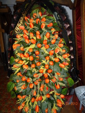 Венок под заказ из тюльпанов с дополнением мимозы1,5 м 